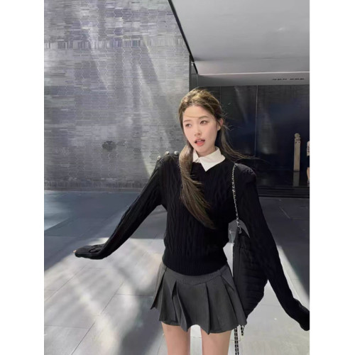 美式復古假兩件絞花黑色毛衣女秋冬慵懶高級感短款打底針織衫上衣