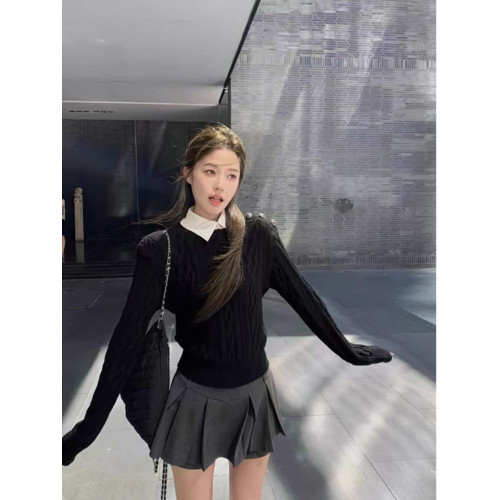 美式復古假兩件絞花黑色毛衣女秋冬慵懶高級感短款打底針織衫上衣