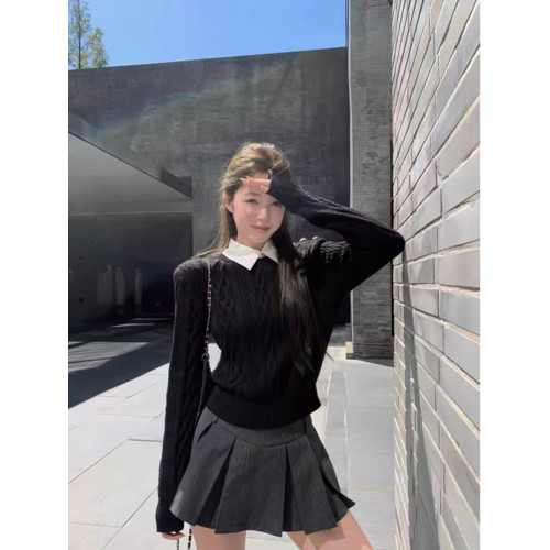 美式復古假兩件絞花黑色毛衣女秋冬慵懶高級感短款打底針織衫上衣