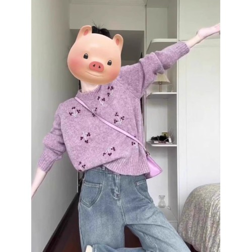 韓系慵懶風復古圓領長袖毛衣女秋冬新款設計感刺綉小個子針織上衣