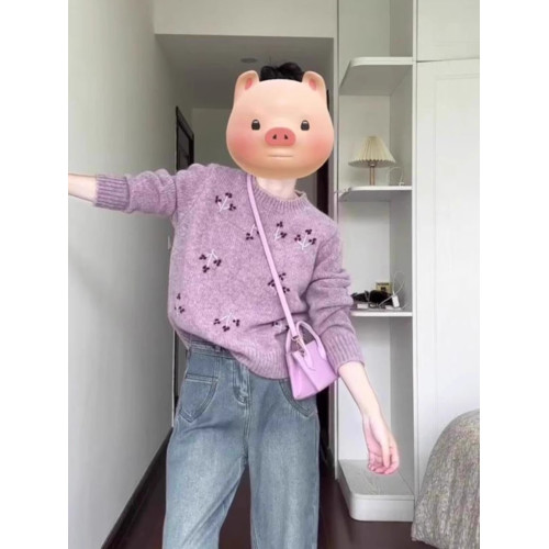 韓系慵懶風復古圓領長袖毛衣女秋冬新款設計感刺綉小個子針織上衣