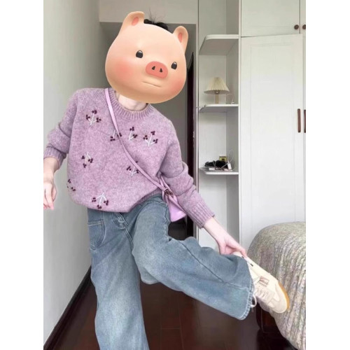 韓系慵懶風復古圓領長袖毛衣女秋冬新款設計感刺綉小個子針織上衣