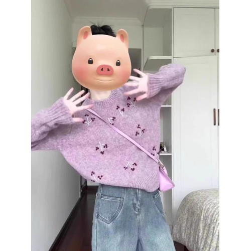 韓系慵懶風復古圓領長袖毛衣女秋冬新款設計感刺綉小個子針織上衣