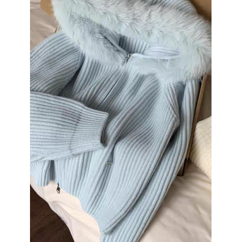 大毛領針織連帽開衫女寬松洋氣保暖短款拉鍊衫高級感秋冬毛衣外套