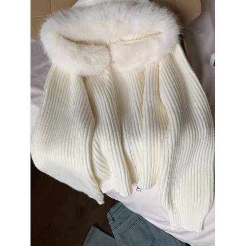 大毛領針織連帽開衫女寬松洋氣保暖短款拉鍊衫高級感秋冬毛衣外套