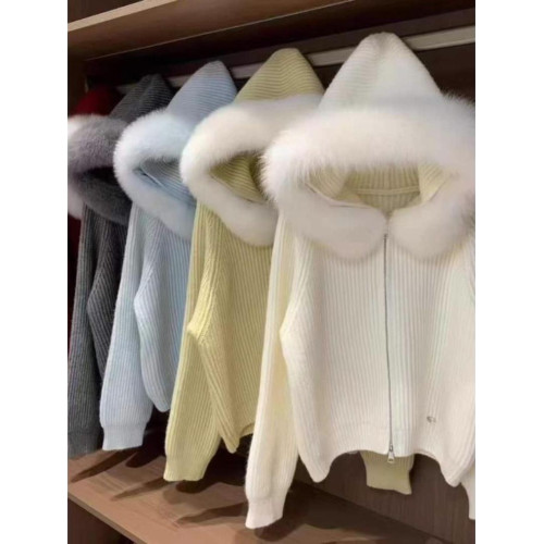 大毛領針織連帽開衫女寬松洋氣保暖短款拉鍊衫高級感秋冬毛衣外套