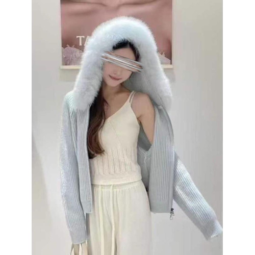 大毛領針織連帽開衫女寬松洋氣保暖短款拉鍊衫高級感秋冬毛衣外套