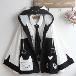 男女同款可愛拼色喇叭袖鬭篷春秋外套表情貓口袋印花寬松減齡開衫