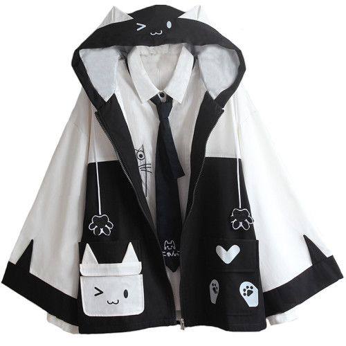 男女同款可愛拼色喇叭袖鬭篷春秋外套表情貓口袋印花寬松減齡開衫 男女同款可愛拼色喇叭袖鬭篷春秋外套表情貓口袋印花寬松減齡開衫