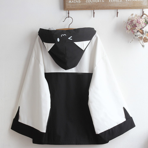 男女同款可愛拼色喇叭袖鬭篷春秋外套表情貓口袋印花寬松減齡開衫 男女同款可愛拼色喇叭袖鬭篷春秋外套表情貓口袋印花寬松減齡開衫