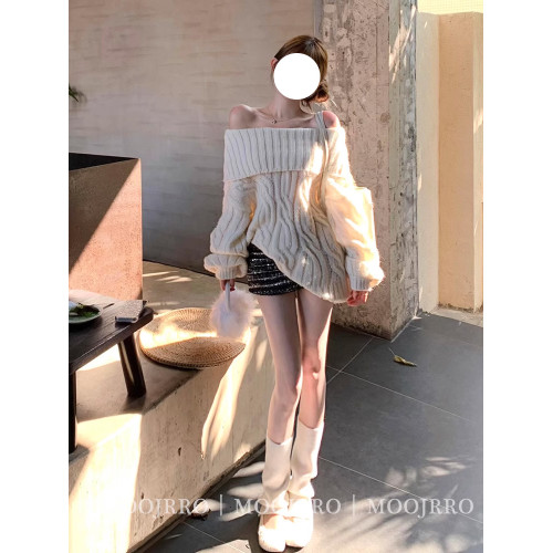 白色一字肩麻花套頭毛衣女秋冬季寬松慵懶風高級感氣質純欲針織衫