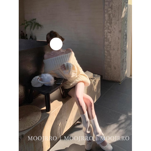 白色一字肩麻花套頭毛衣女秋冬季寬松慵懶風高級感氣質純欲針織衫