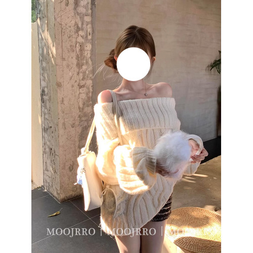 白色一字肩麻花套頭毛衣女秋冬季寬松慵懶風高級感氣質純欲針織衫