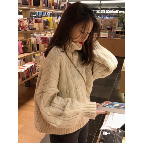 高領加絨加厚麻花毛衣女2025秋冬套頭寬松百搭針織打底衫內搭上衣