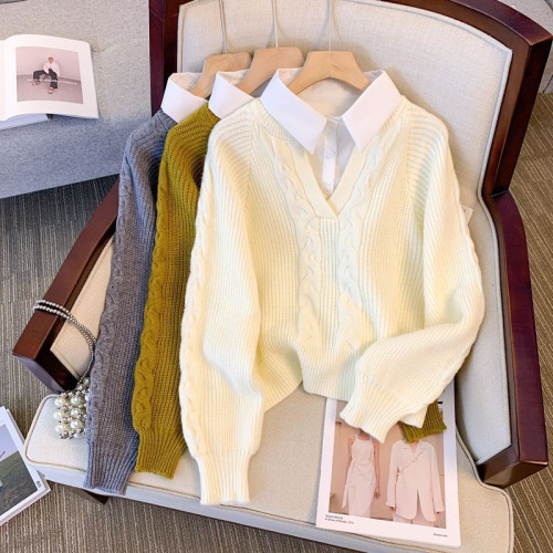 假兩件毛衣秋冬女裝日系慵懶復古設計感小衆polo領麻花針織衫上衣