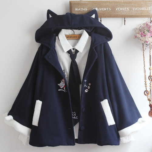 另類jk可愛男女款日系魔法鬭篷貓刺綉法蘭絨加厚大衣耳朵連帽外套