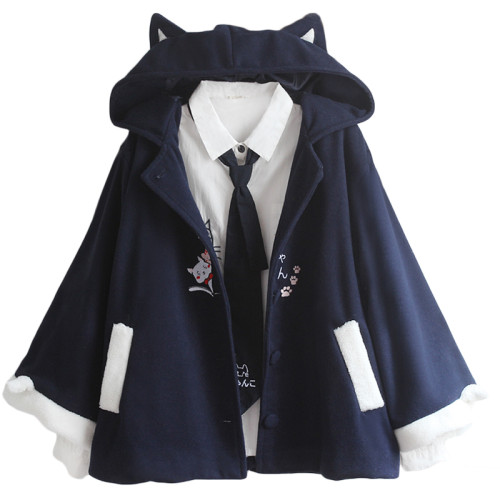 另類jk可愛男女款日系魔法鬭篷貓刺綉法蘭絨加厚大衣耳朵連帽外套