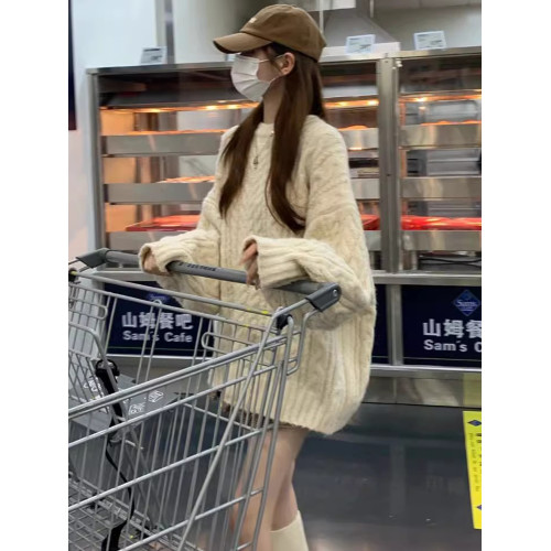 米色套頭麻花毛衣女2025初秋季新款慵懶軟糯寬松外穿圓領針織上衣