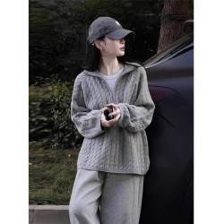奶fufu半拉鍊麻花灰色毛衣女冬季穿搭慵懶寬松針織衫翻領內搭上衣