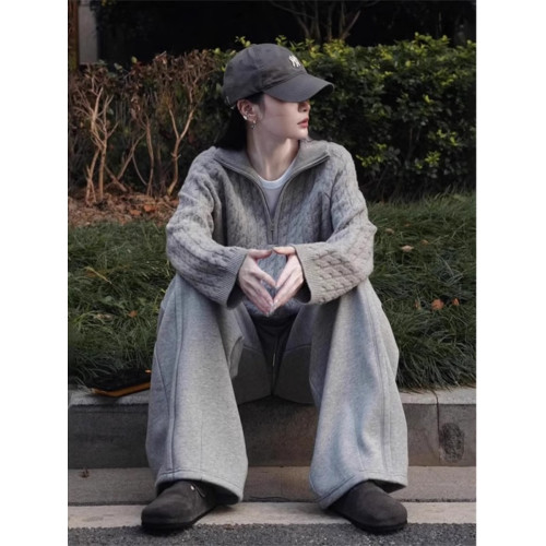 奶fufu半拉鍊麻花灰色毛衣女冬季穿搭慵懶寬松針織衫翻領內搭上衣