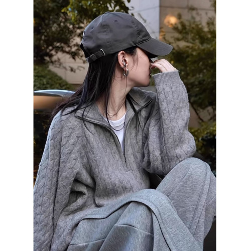 奶fufu半拉鍊麻花灰色毛衣女冬季穿搭慵懶寬松針織衫翻領內搭上衣