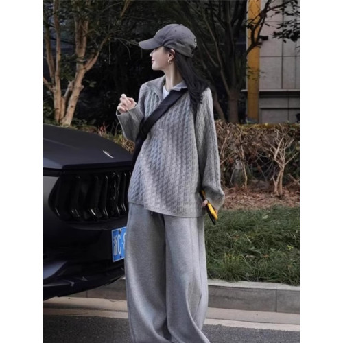 奶fufu半拉鍊麻花灰色毛衣女冬季穿搭慵懶寬松針織衫翻領內搭上衣