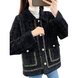 秋冬季水貂絨外套2025新款女裝春秋韓版寬松翻領小衫毛絨格子開衫