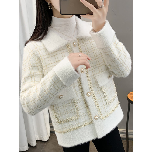 秋冬季水貂絨外套2025新款女裝春秋韓版寬松翻領小衫毛絨格子開衫 秋冬季水貂絨外套2025新款女裝春秋韓版寬松翻領小衫毛絨格子開衫