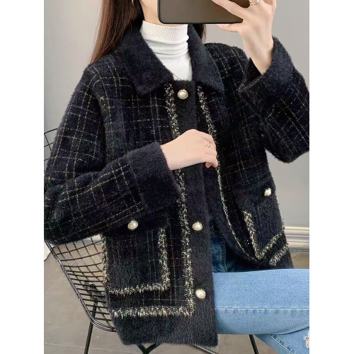 秋冬季水貂絨外套2025新款女裝春秋韓版寬松翻領小衫毛絨格子開衫 秋冬季水貂絨外套2025新款女裝春秋韓版寬松翻領小衫毛絨格子開衫