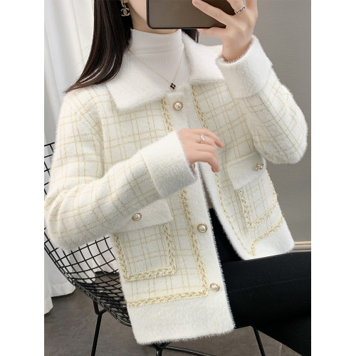 秋冬季水貂絨外套2025新款女裝春秋韓版寬松翻領小衫毛絨格子開衫 秋冬季水貂絨外套2025新款女裝春秋韓版寬松翻領小衫毛絨格子開衫