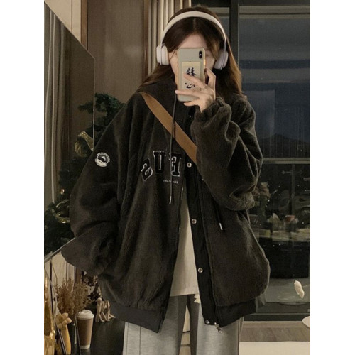 雙面穿棒球服羊羔毛外套女2025冬季新款加絨美式復古連帽夾克外套 雙面穿棒球服羊羔毛外套女2025冬季新款加絨美式復古連帽夾克外套