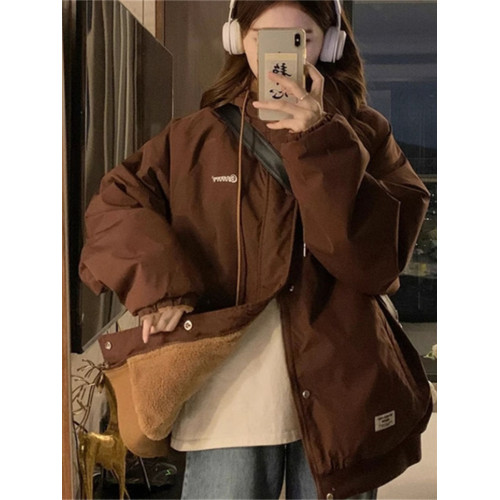 雙面穿棒球服羊羔毛外套女2025冬季新款加絨美式復古連帽夾克外套 雙面穿棒球服羊羔毛外套女2025冬季新款加絨美式復古連帽夾克外套