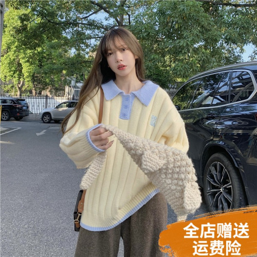 大碼毛衣polo領加厚冬季上衣女寬松百搭慵懶風外穿針織衫保暖外套