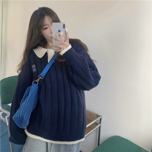 大碼毛衣polo領加厚冬季上衣女寬松百搭慵懶風外穿針織衫保暖外套