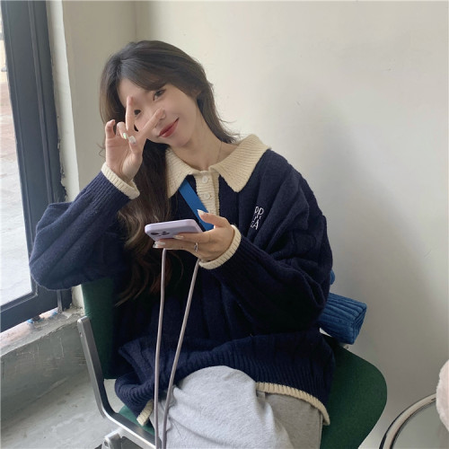 大碼毛衣polo領加厚冬季上衣女寬松百搭慵懶風外穿針織衫保暖外套