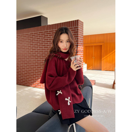 2025冬季新款韓版設計感蝴蝶結V領毛衣圍巾兩件套紅色年會針織衫