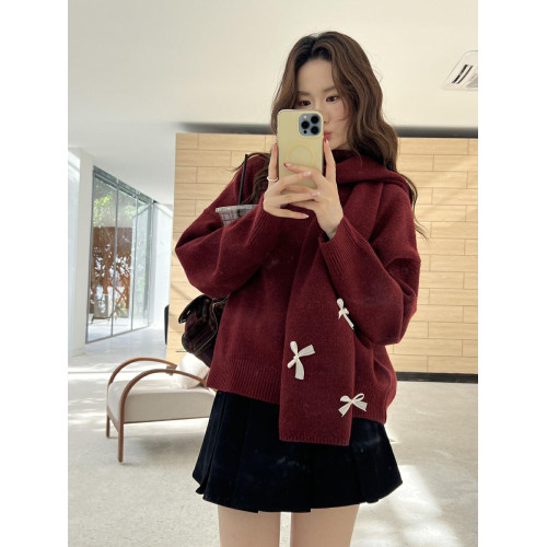 2025冬季新款韓版設計感蝴蝶結V領毛衣圍巾兩件套紅色年會針織衫