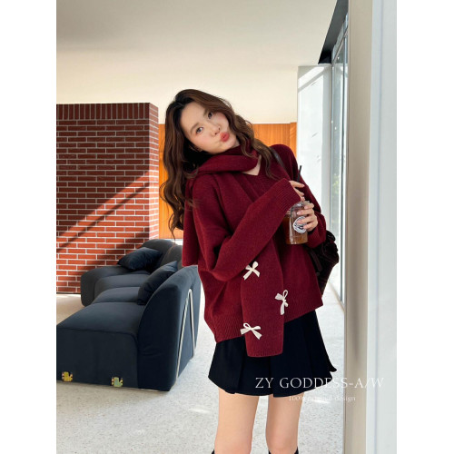 2025冬季新款韓版設計感蝴蝶結V領毛衣圍巾兩件套紅色年會針織衫