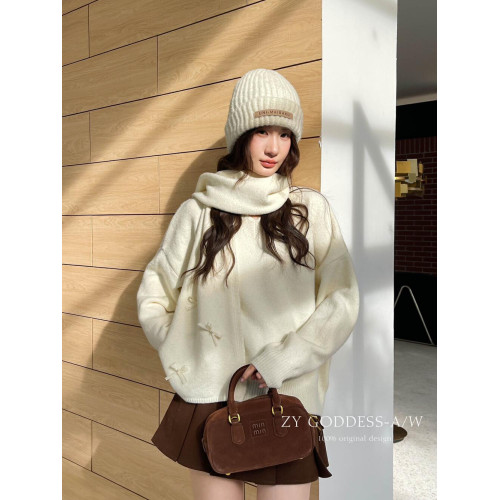 2025冬季新款韓版設計感蝴蝶結V領毛衣圍巾兩件套紅色年會針織衫