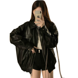 高級感皮衣外套女春秋美式痞帥黑色甜酷風機車PU皮寬松夾克上衣潮