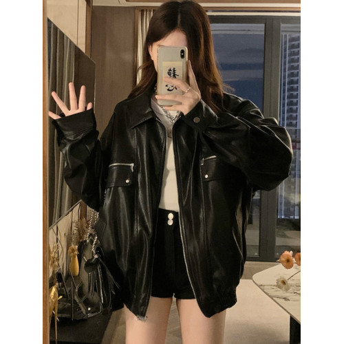 高級感皮衣外套女春秋美式痞帥黑色甜酷風機車PU皮寬松夾克上衣潮 高級感皮衣外套女春秋美式痞帥黑色甜酷風機車PU皮寬松夾克上衣潮