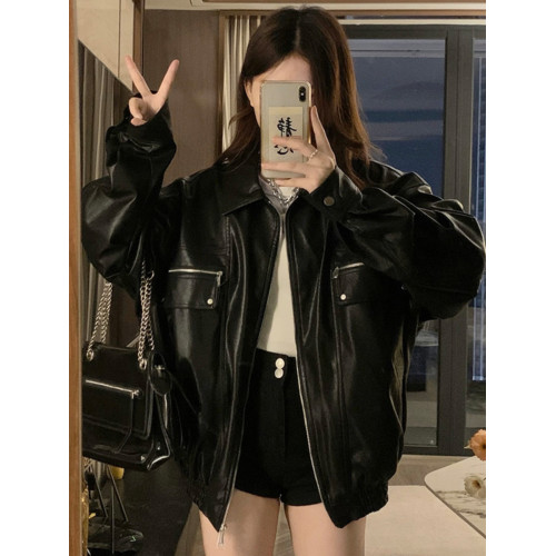 高級感皮衣外套女春秋美式痞帥黑色甜酷風機車PU皮寬松夾克上衣潮 高級感皮衣外套女春秋美式痞帥黑色甜酷風機車PU皮寬松夾克上衣潮