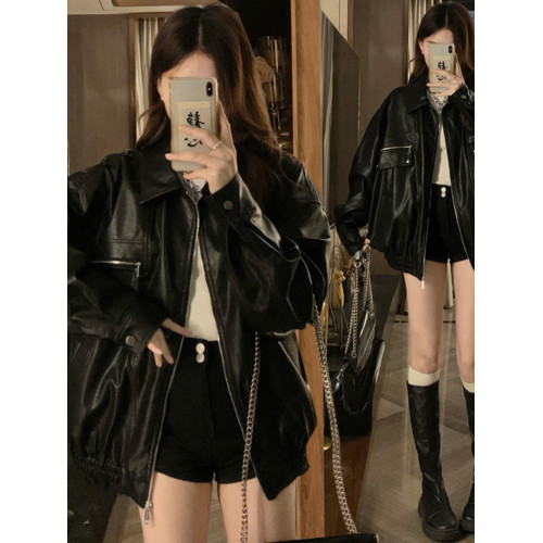 高級感皮衣外套女春秋美式痞帥黑色甜酷風機車PU皮寬松夾克上衣潮 高級感皮衣外套女春秋美式痞帥黑色甜酷風機車PU皮寬松夾克上衣潮