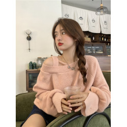 設計感小衆心機露肩粉色毛衣女秋冬法式溫柔軟糯寬鬆短款針織上衣