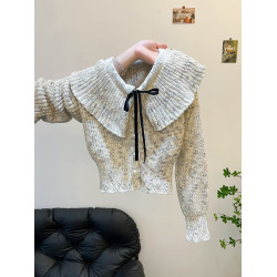 法式溫柔風蝴蝶結荷葉邊短款針織開衫女毛衣外套秋冬長袖絕美上衣