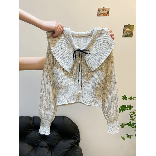 法式溫柔風蝴蝶結荷葉邊短款針織開衫女毛衣外套秋冬長袖絕美上衣