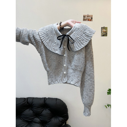 法式溫柔風蝴蝶結荷葉邊短款針織開衫女毛衣外套秋冬長袖絕美上衣