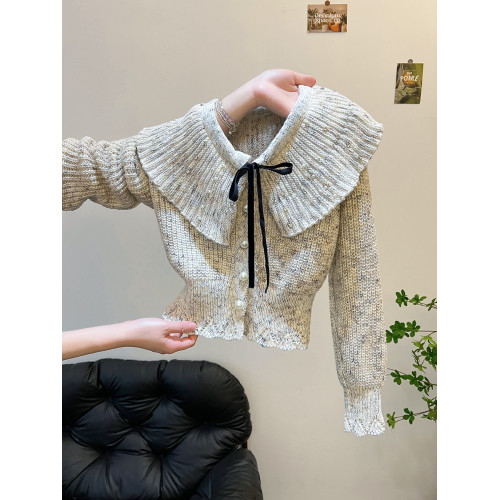 法式溫柔風蝴蝶結荷葉邊短款針織開衫女毛衣外套秋冬長袖絕美上衣