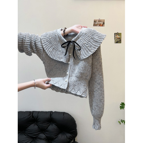 法式溫柔風蝴蝶結荷葉邊短款針織開衫女毛衣外套秋冬長袖絕美上衣