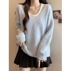 春秋新款慵懶風奶藍色v領慵懶風毛衣女寬松內搭背心休閒兩件套裝